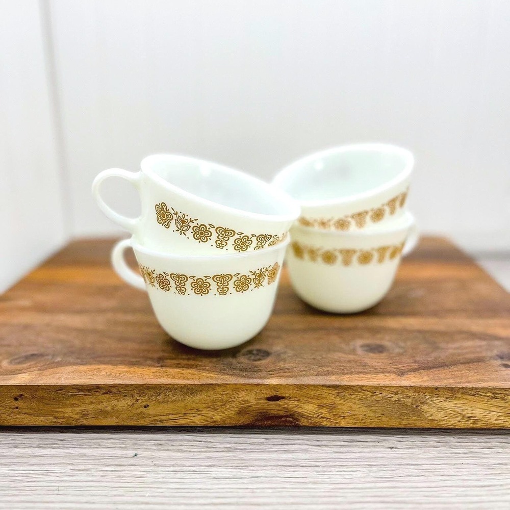 Vintage Pyrex Golden Butterfly Milk Glass Mugs - Set of 4